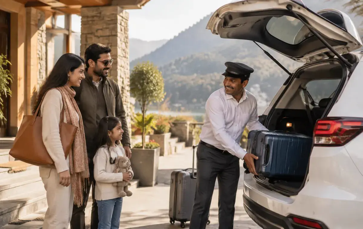 A driver helping travellers with luggage